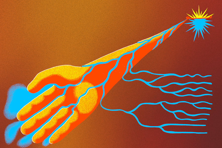 An illustration of an arm and then hand coming from a sun-like image in the top-right corner. The arm and hand is yellow and orange with thin blue rivers running through it.