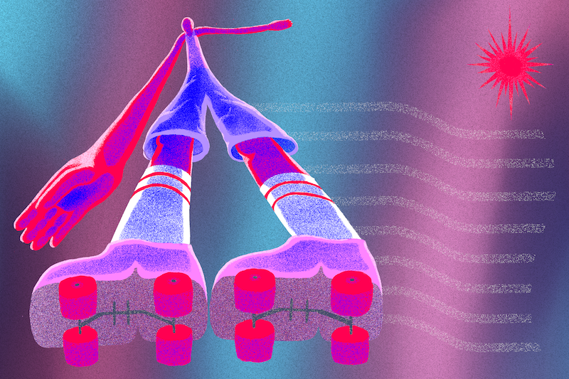 An illustration of a person wearing roller skates. The image is made up of pinks, blues and purples and there is a pink star-like shape in the right-top corner.