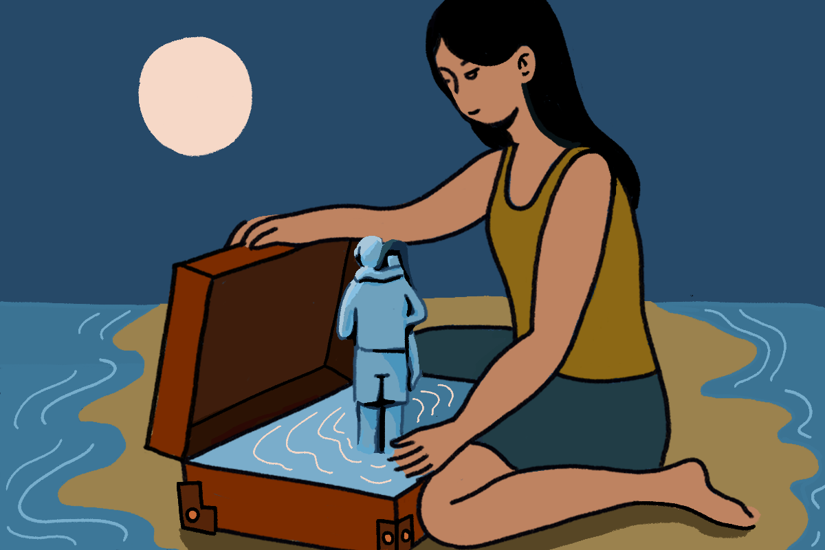 An illustration of a woman with long black hair, a greeny brown singlet and green skirt on. She is sitting on a brown surface in the middle of two bodies of water opening a brown suitcase. In the suitcase there are two people formed from water, hugging. There is a full moon in the left top corner.